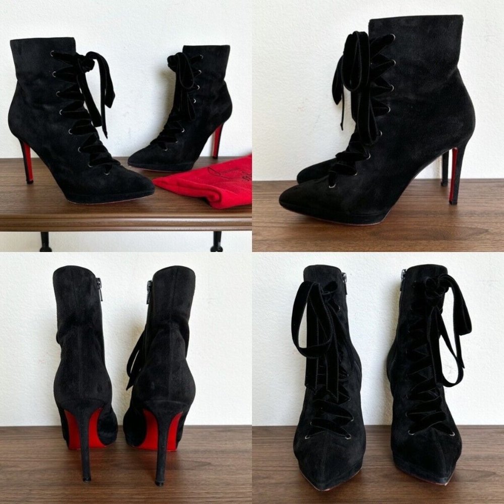 Christian Louboutin Black Suede Lace-Up Ankle Boots with Red Soles